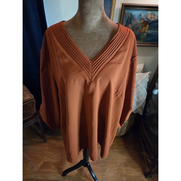 Scomchic Tops - Scomchic Burnt Orange Pleated V-Neck Roll Tab Sleeve Blouse Plus Size 3XL